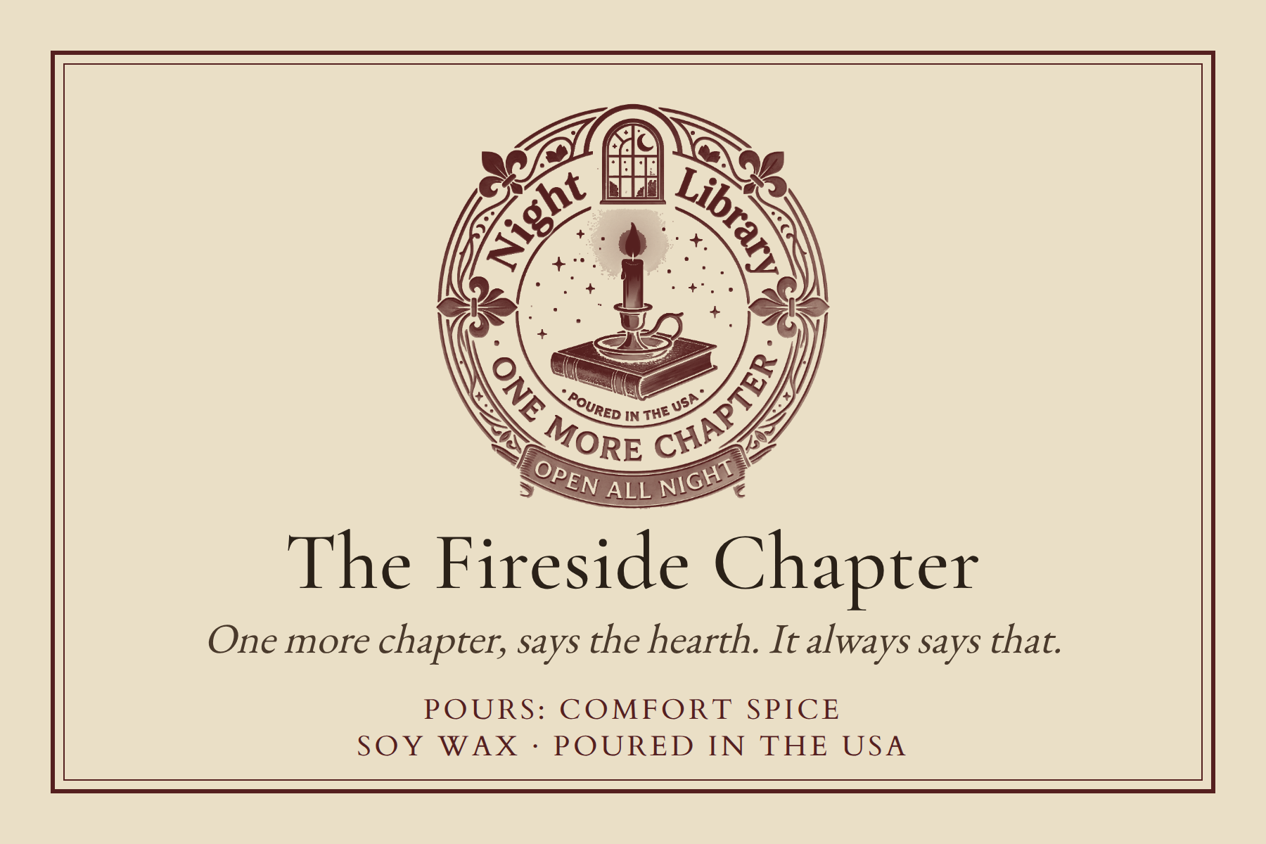 The The Fireside Chapter bookplate: the seal, the name, the scene line and the Pours line