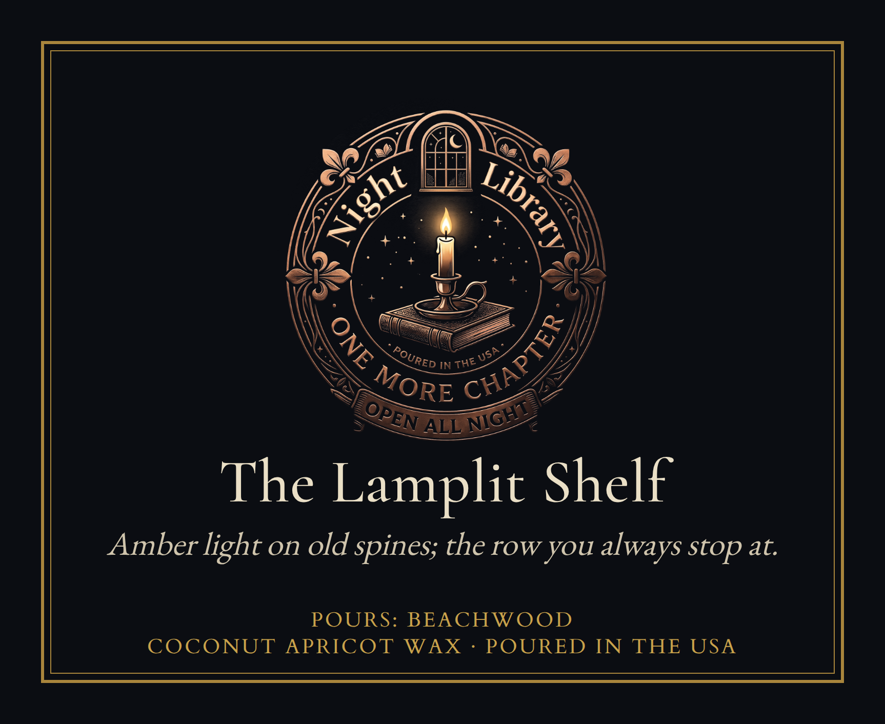 The The Lamplit Shelf bookplate: the seal, the name, the scene line and the Pours line