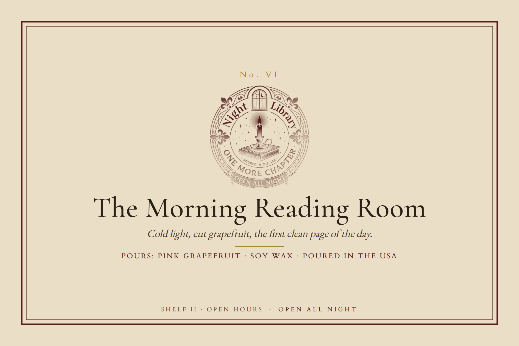 The The Morning Reading Room bookplate: the seal, the name, the scene line and the Pours line