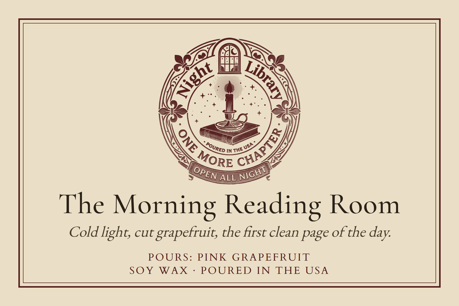 The The Morning Reading Room bookplate: the seal, the name, the scene line and the Pours line