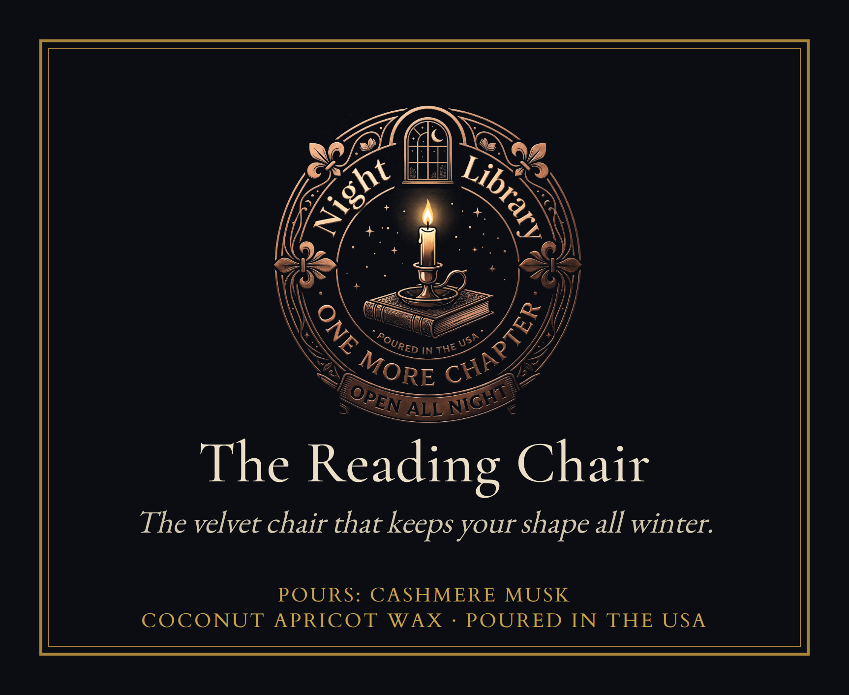 The The Reading Chair bookplate: the seal, the name, the scene line and the Pours line