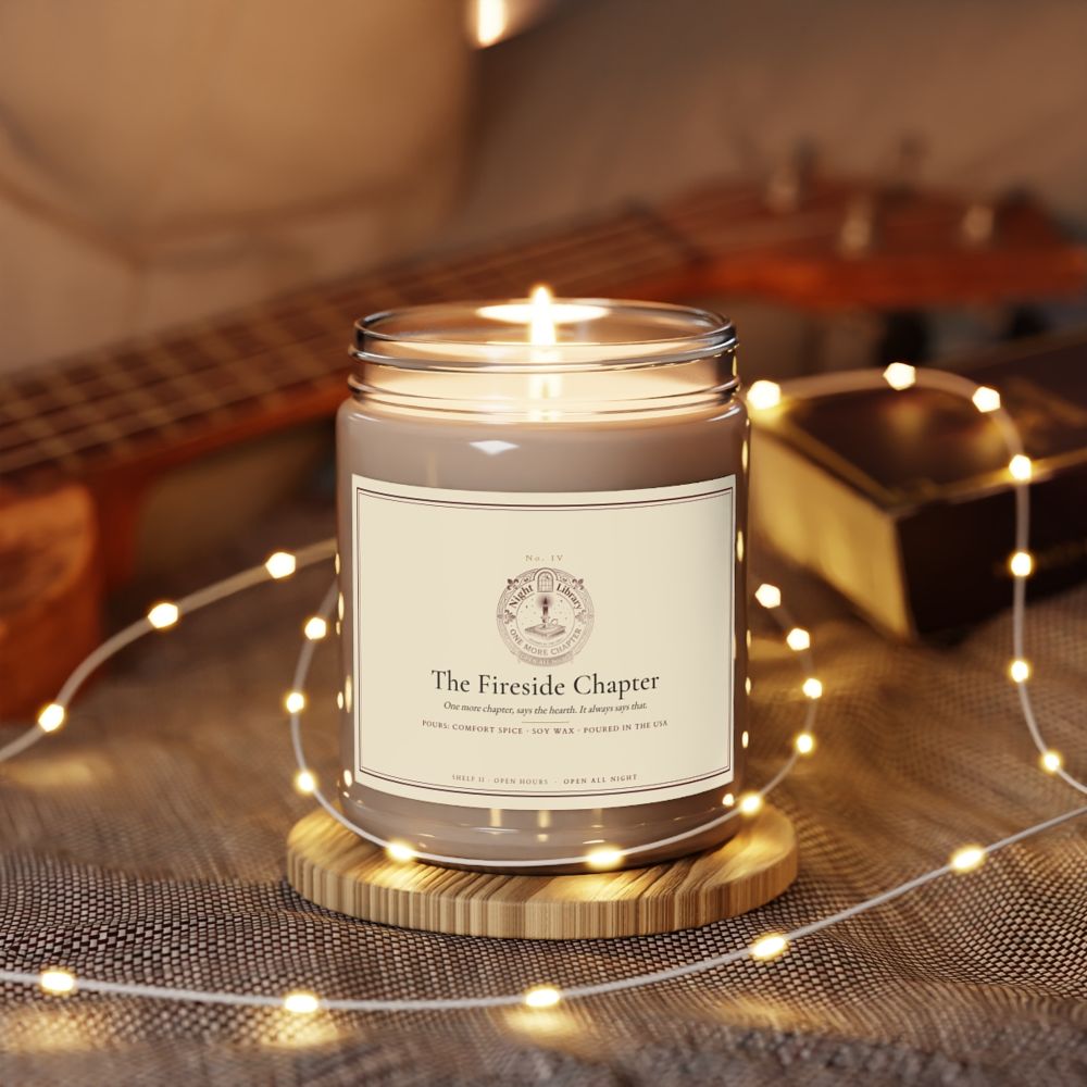 The Fireside Chapter, lit among string lights on a wooden table